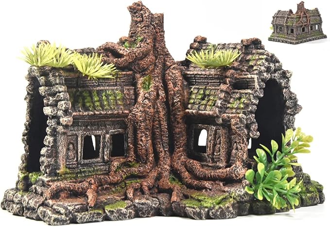 Aquarium Decorations Large Fish Tank Ornament Reptile House Shelter Decor Aquarium Hides with Betta Cave Temple Ruins Tree House Aquarium Landscape Decoration