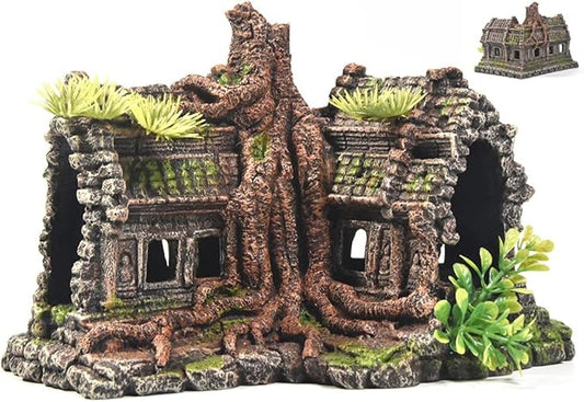 Aquarium Decorations Large Fish Tank Ornament Reptile House Shelter Decor Aquarium Hides with Betta Cave Temple Ruins Tree House Aquarium Landscape Decoration
