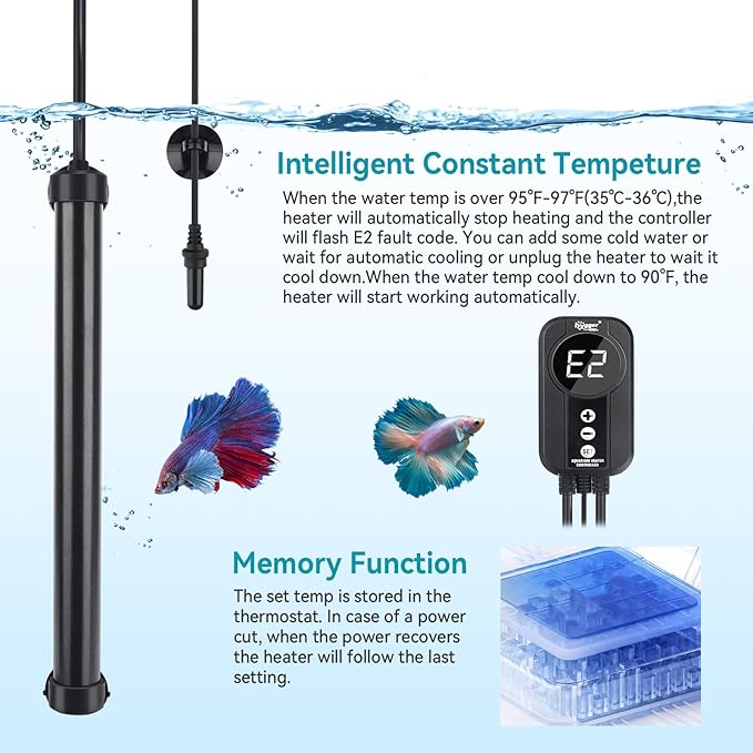 hygger Marine Aquarium Heater 200W,Titanium Heater with Digital LED Controller & Temperature Probe,Submersible Fish Tank Heater with Temperature Calibration,for Saltwater Freshwater Tank 30-40Gallon