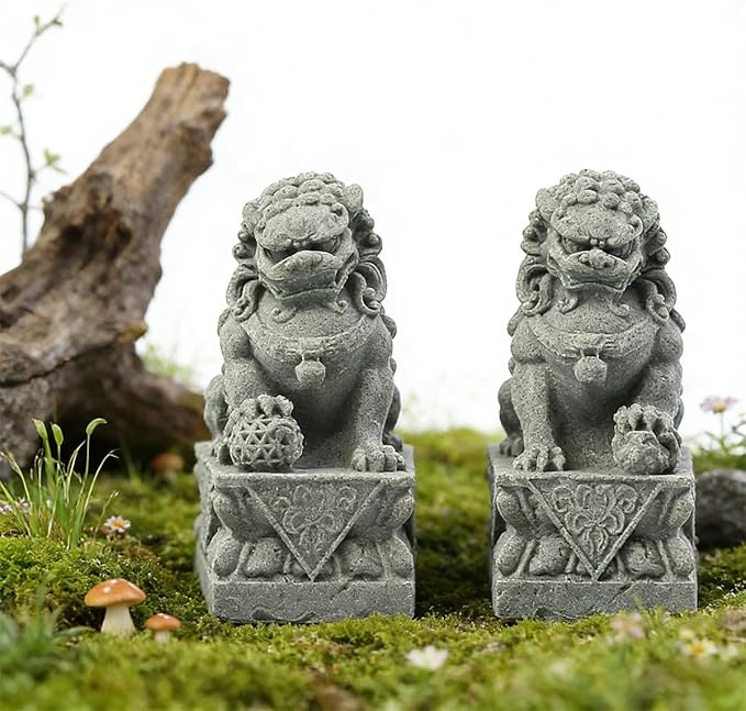 livelyfish Asian Fu Foo Dogs Statues Mini Pair of Two Guardian Lion Sandstone Figurine Pets Fish Tank Aquarium Landscape Ornaments Accessories Feng Shui Decorations (M2)