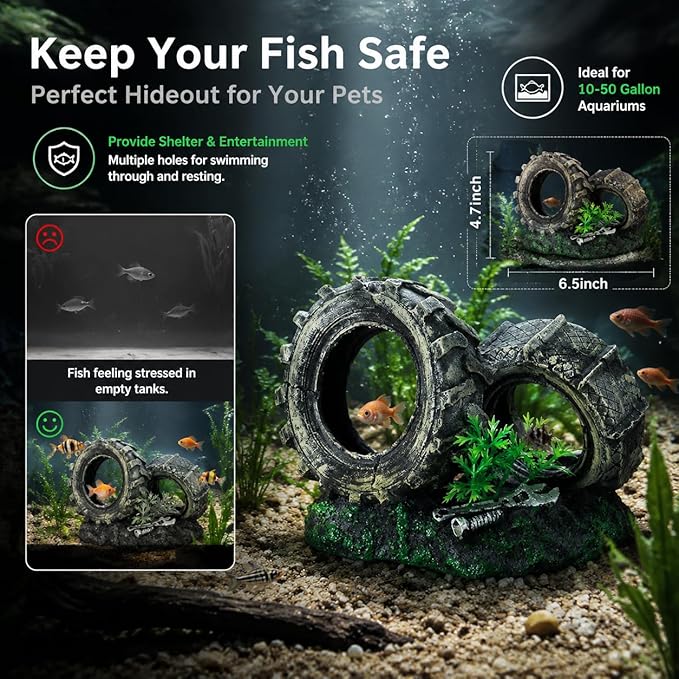 Mipukbay Fish Tank Decoration, Truck Wheel Aquarium Decor Hiding Cave Ornament for Freshwater/Saltwater, Safe Landscaping Rock Resin Decoration for Betta Fish, Goldfish and Aquatic Pets