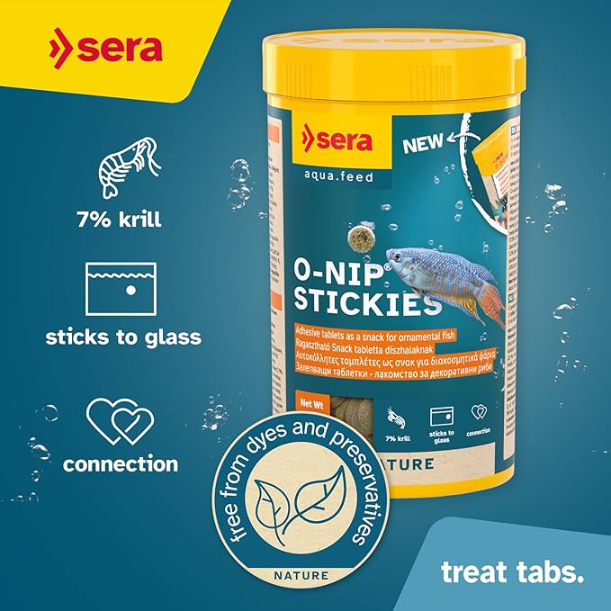 Sera O-Nip Stickies 265 Tabs 8.45 oz | Complete Feed for All Ornamental Fish | Adhesive Tablets Stick to The Aquarium Glass | High Protein | No Dyes & Preservatives | with Bloodworms, Krill & Tubifex