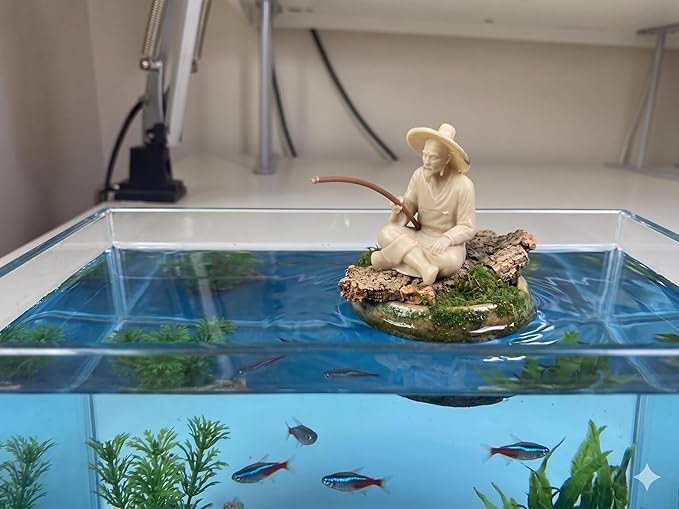 Miniature Zen Fisherman Figurine – Old Wise Man Fishing Bonsai Tree Accessory – 3D Printed Ivory Finish Aquarium & Terrarium Decor – Oriental Feng Shui Sand Garden Ornament