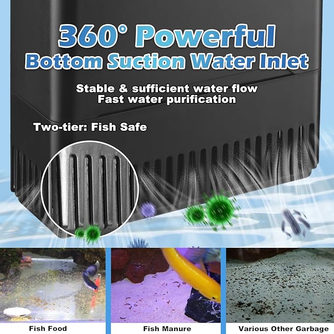290GPH Turtle Tank Filter for 20-85 Gallon, Turtle Filter Low Water Level Available and Flow Adjustable, Turtle Water Filter for Shrimps Amphibians Turtle Tank Saltwater Freshwater Crystal Clear
