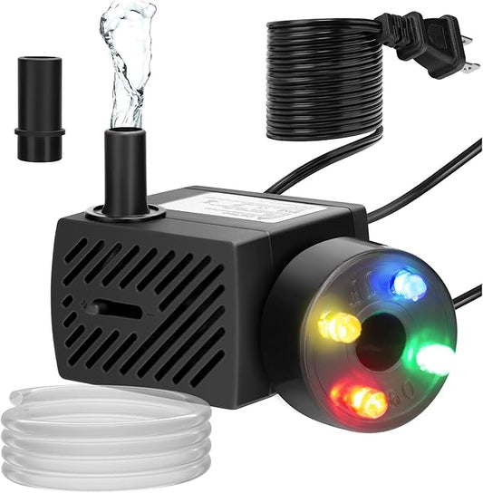 DaToo Mini Submersible Fountain Water Pump With LED Light 95GPH 5W Small Ultra Quiet Water Pump With Tubing For Aquarium Fish Tank Outdoor Pond Water Feature Fountain Statuary