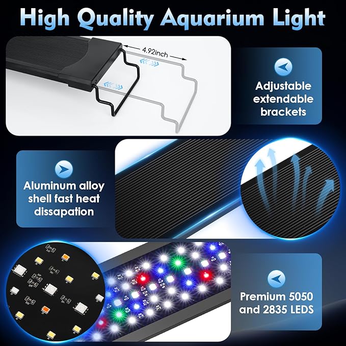 AQQA LED Aquarium Light 24W for 12-18 Inch Fish Tank, 24/7 Mode&DIY Mode Full Spectrum Fish Tank Light, IP68 Waterproof High Lumen Aquarium Plant Light, Adjustable Brightness/Timer, Memory Function