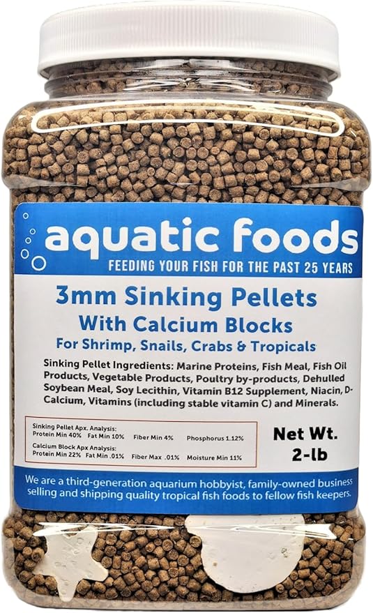 Calcium Blocks Included in These 40% Protein 3mm Sinking Pellets for Shrimp, Snails, Crabs, Catfish, Plecos for All Tropical Fish. Pellets by Zeigler…2-lb Med Jar