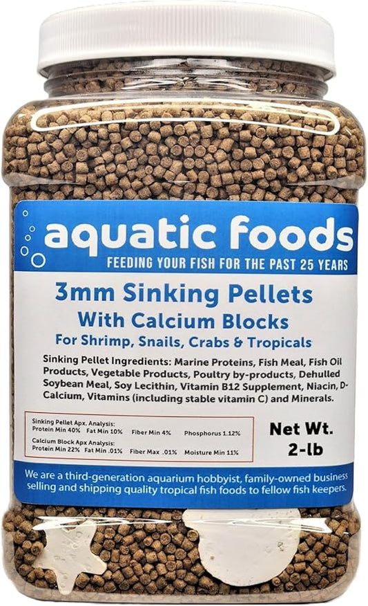 Calcium Blocks Included in These 40% Protein 3mm Sinking Pellets for Shrimp, Snails, Crabs, Catfish, Plecos for All Tropical Fish. Pellets by Zeigler…2-lb Med Jar