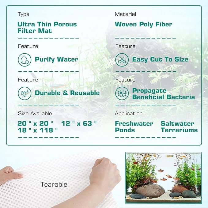 hygger Porous Fish Tank Filter Pad Ultra Thin Bio Filter Media Aquarium Filter Floss 20"x 20" for Sump Pond Canister Freshwater & Saltwater (Reusable, Easy to Cut & Clean)