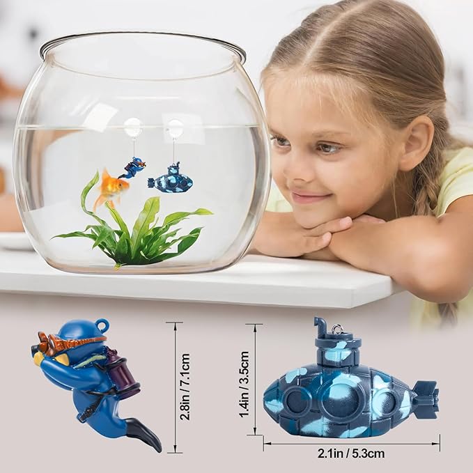 CousDUoBe 2.1 in Mini Floating Submarine Fish Tank Decoration Set，Cute Retro Submarine Set and Floating Diver,Aquarium Decorations Resinous Betta Fish Tank Accessories