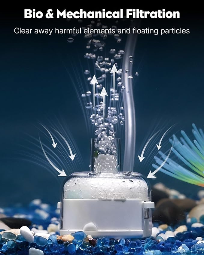 Pawfly Mini Aquarium Air Pump, Ultra Quiet 1.3W Oxygen Aerator for Nano Fish Tanks 1-15 Gallons, Compact Bubbler with Sponge Filter, Airline Tubing and Air Stone