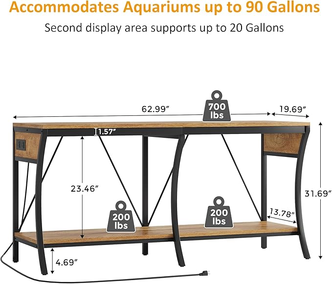 55-90 Gallon Fish Tank Stand with Power Outlets, 2-Tier Aquarium Stand with LED Light Strip & Open Storage Shelves, Heavy Duty Metal Table for Reptile Tank, 1100 LBS Capacity, Light Brown and Black