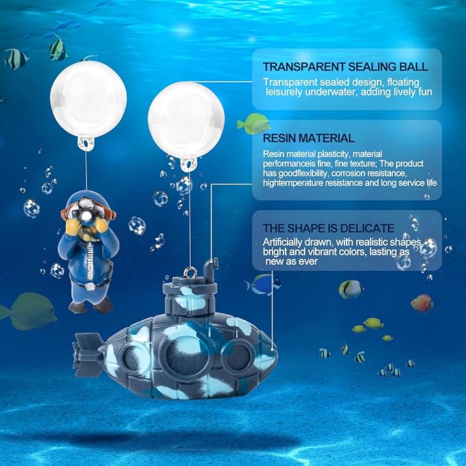 CousDUoBe 2.1 in Mini Floating Submarine Fish Tank Decoration Set，Cute Retro Submarine Set and Floating Diver,Aquarium Decorations Resinous Betta Fish Tank Accessories