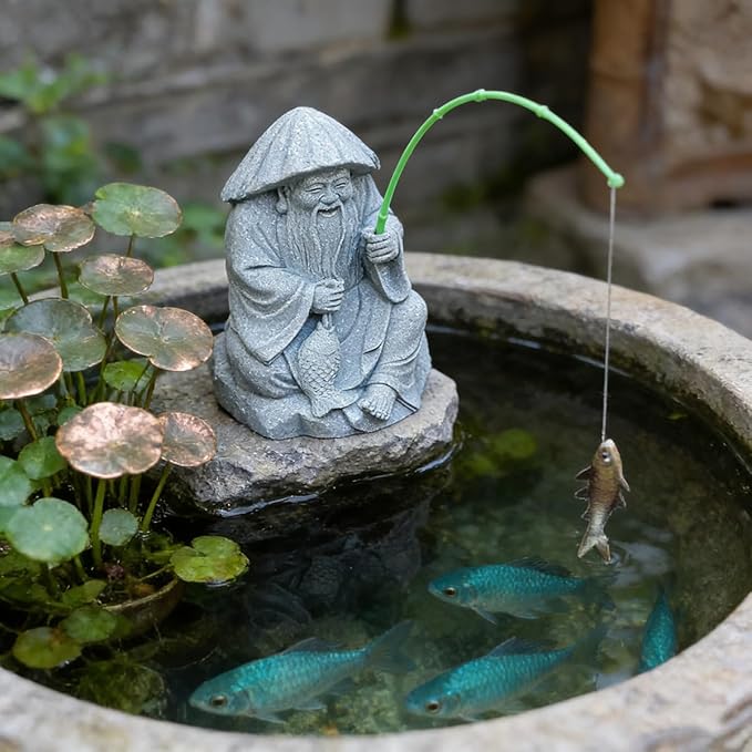 livelyfish Aquarium Fisherman Statue Japanese Old Man Figurine Sandstone Sitting Fishing Figurines for Fish Tank Garden Home Decor (E2)