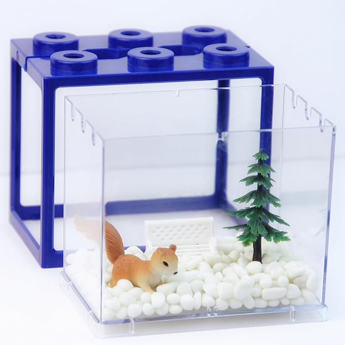 Small Sea Monkey Tank, Stackable Mini Betta Fish Tank Tinny Aquarium Kit with Aquarium Gravel, Moss Ball Tank Shrimp Tank 0.27 Gallon Acrylic Cube Fish Bowl for Shrimp Snails
