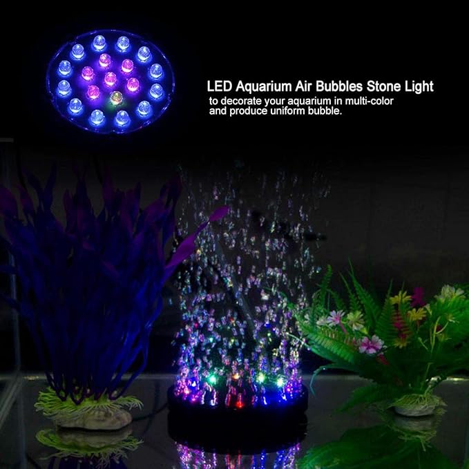 Aquarium Air Stone, 19 LEDs Round Bubble Generator Fish Bubble Light Air Pump Bubble Stone Lamp Colorful Fish Submersible Light Aquarium air Bubble Light