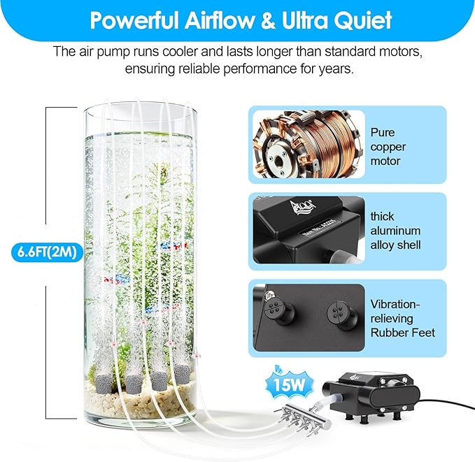 AQQA Powerful Aquarium Air Pump with Controller, Feeding Mode, 9-Speed Airflow Adjustable 4 Air Outlets Oxygen Aerator with Complete Accessories for Large Fish Tanks, Ponds & Seafood Markets (10W/15W)