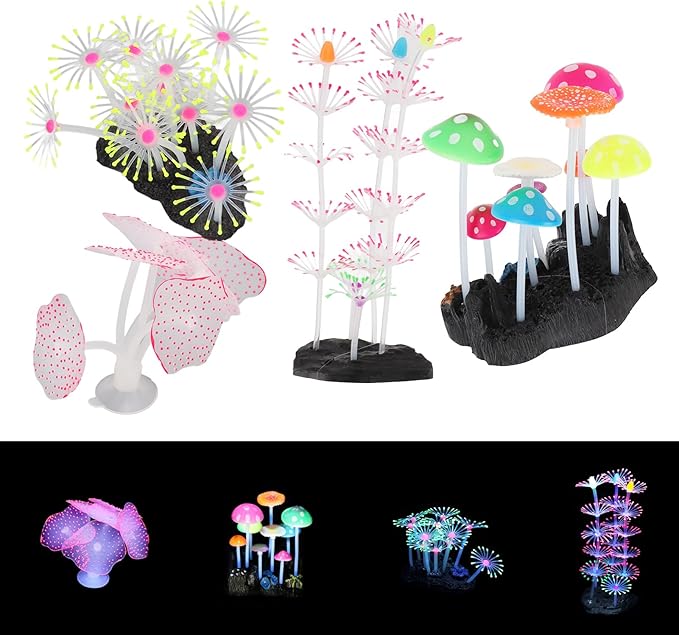 BEIJIALY 5Pcs Aquarium Ornament Glowing Silicone Simulation Aquarium Mushroom Coral Decoration for Fish Tank Aquarium, Silicon Glow Aquarium Plants Ornaments Kit