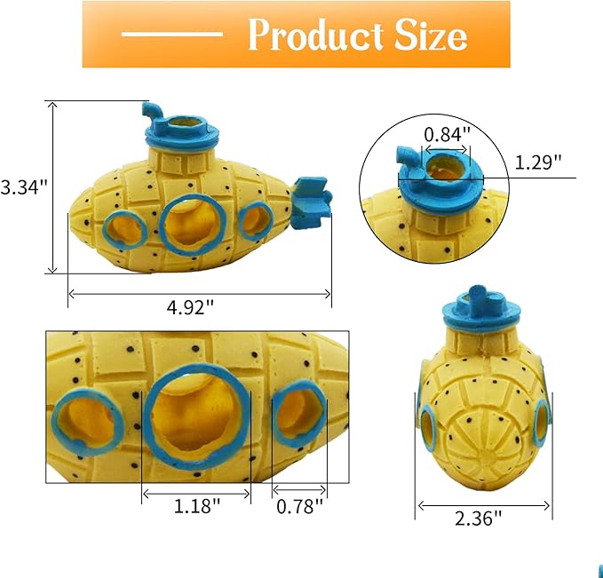 Saim Little Cute Retro Submarine Aquarium Decoration,Cave Landscaping Ornament for Shrimp Shelter Betta Cichlid Goldfish Hermit Crabs Fish Tanks Fish Toy - Yellow