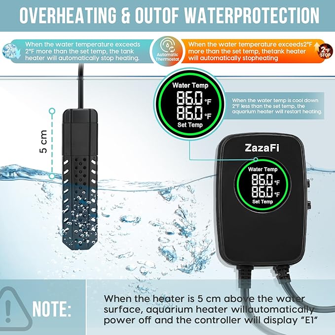 Aquarium Heater 200W, Fish Tank Heater with High-Temperature Protection and Turtle Tank Heater with Automatic Power-Off When Leaving Seawater or Freshwater.