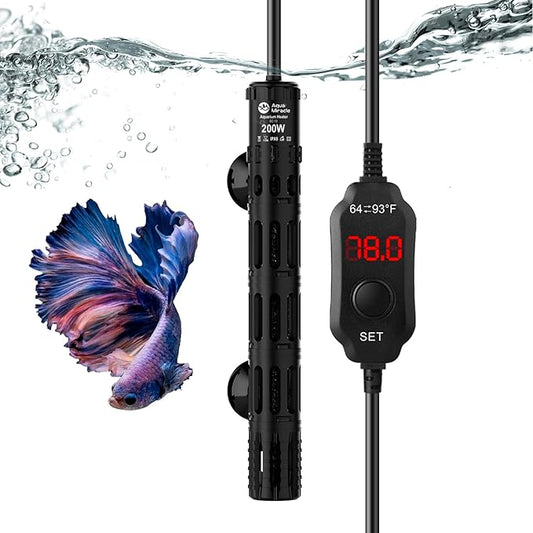 AquaMiracle Submersible Aquarium Heaters, 200W Fish Tank Heater with LED Digital Temp Display, Dry-Run Auto Power-Off & Overheat Protection, for Freshwater and Saltwater Tanks (20-40 Gal)