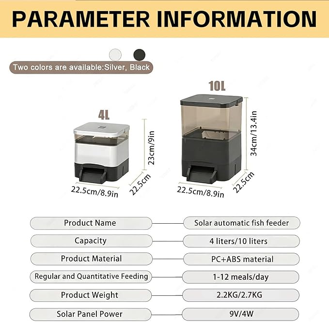 Automatic Fish Feeder for Pond 4l/10l Large Capacity,Automatic Pond Fish Food Dispenser Vacation Timer Pond Fish Feeder Adjustable Food Dispenser Moisture-Proof Outdoor Koi Feeding(Black,10L)