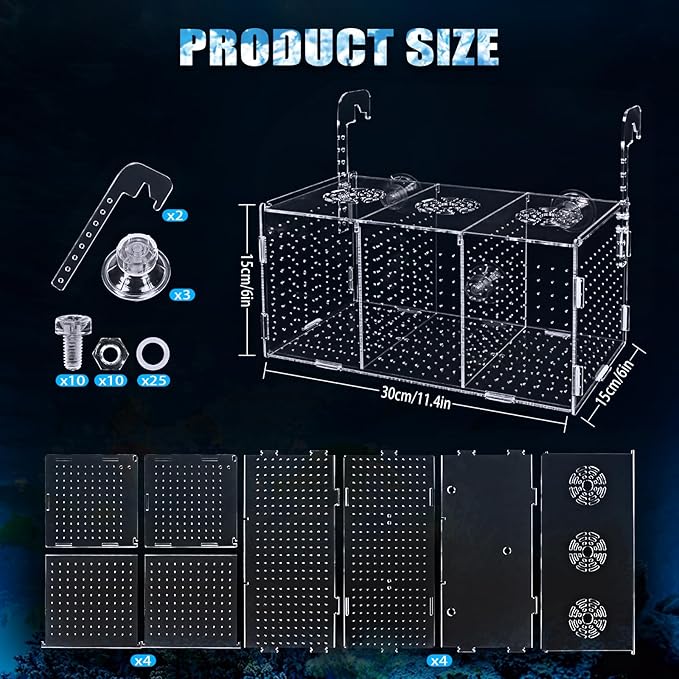 Fish Breeding Box, Acrylic Isolation Box Aquarium Hatchery Incubator with Suction Cups for Newborn Fry, Shrimp, Guppy, Clownfish, Aggressive Fish, 11.5" x 6" x 6"