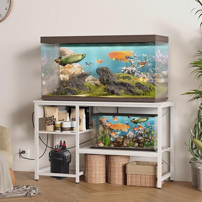 BEURUKU 55-75 Gallon Fish Tank Stand with Power Outlet & LED Light, Metal Aquarium Stand with 3 Tier Adjustable Storage Shelves, Tank Stand for Reptile Tank, Turtle Tank, 52" L*19.5" W, White