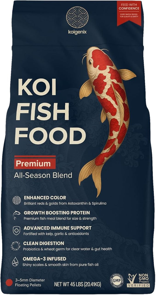 Koi Fish Food (45lb) - Growth & Color Formula, High Protein Floating Pellets with Spirulina, Krill & Probiotics, Easy to Digest, Cleaner Water, All Season - for Koi, Goldfish & Pond Fish