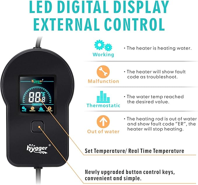 hygger 800W Aquarium Heater, Submersible Fish Tank Water Heater with External Color LED Digital Temperature Controller, Fast Heating for 120-180 Gallon