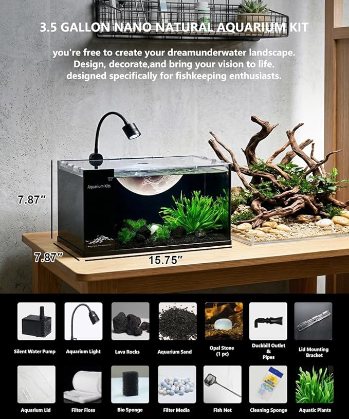 Fish Tank Kit,3.5 Gallon Small Aquarium,Ultra-Clear Nano Aquarium,Betta Fish Tank,Suitable for Small Fish Tank,Aquarium Starter kit,Desktop Fish Tank (Planet Background)