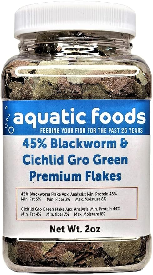 45% Blackworm & Cichlid Green Gro Spirulina-Veggie Flake Mix for Cichlids, Discus, for All Community Tropical Fish. Aquatic Foods Flakes…2oz Small Jar