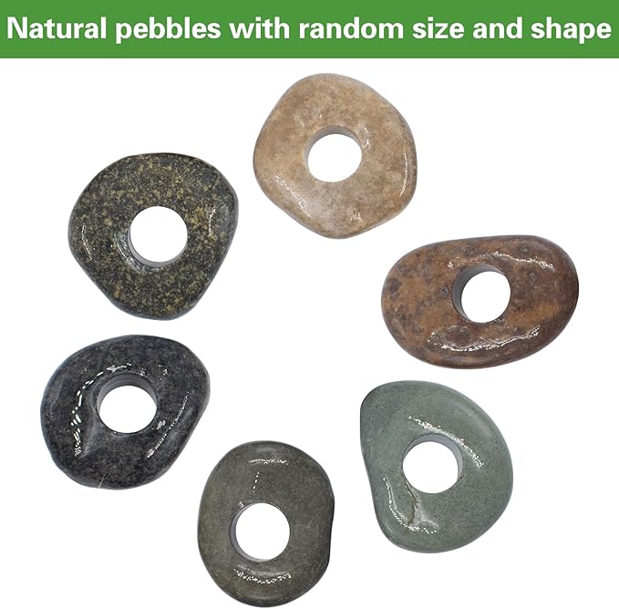 6 Pcs Natural River Stone Plant Weights for Fish Tank, Pebble Aquatic Plants Fixed Ring, Unique Anti-Floating Decorative River Rock Anchors for Aquarium Landscape Decoration (0.79'' Hole Diameter)