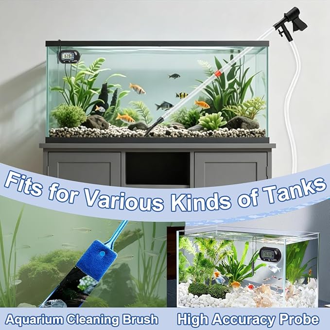 Fish Tank Cleaner Kit with Digital Thermometer, Gravel Vacuum for Aquarium, Aquarium Vacuum & Siphon, Fish Tank Cleaning Kit, Safe for Shrimp & Small Fish