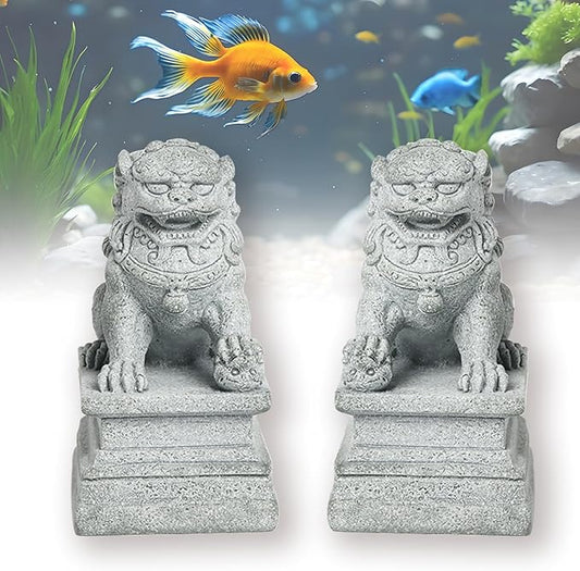 Small Foo Dogs Statues Pair (2-Pack) - Chinese Guardian Lions Stone Decor for Aquariums, Fish Tanks, Betta & Turtle Tanks - Feng Shui Ornaments
