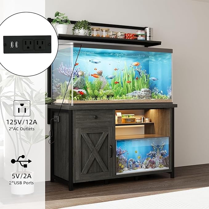 55-75 Gallon Fish Tank Stand with Power Outlet, Led Light, Aquarium Stand with Cabinet for Fish Tank Accessories Storage, Shelf, for Turtle Tank, Reptile Terrarium, 1100 LBS, Gray