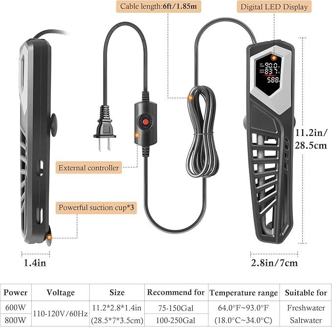 HITOP 600W Titanium Aquarium Heater: Digital Fish Tank Heater with External Controller, Submersible Aquarium Heater with Over-Temperature Protection for Saltwater and Freshwater 75-150Gallon