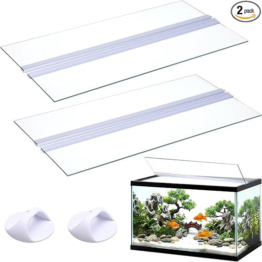 Sawysine 2 Set Aquarium Glass Canopy 19.33" x 9.65" x 0.12" Aquarium Fish Tank Lid 10 Gallon Canopy Cover with Center Brace for Fish, Clear