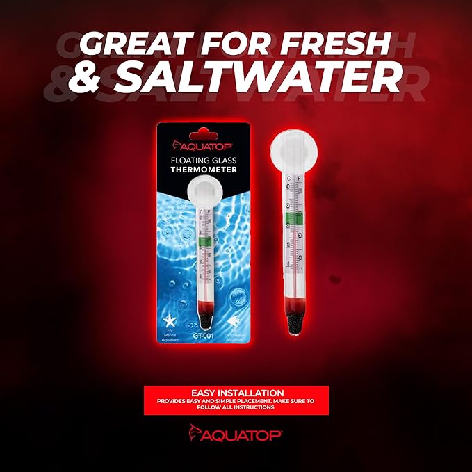 Aquatop Floating Glass Aquarium Thermometer with Suction Cup – Safe Temperature Range Indicator - for Fresh & Saltwater Tanks – Easy to Read & Install