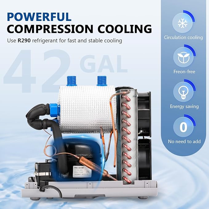 BAOSHISHAN 42gal Aquarium Chiller, 1/10 HP Axolotl Cooler, Special Quiet Design Refrigeration Compressor for hydroponics, Coral Reef, Fresh & Sea Tank (42gal/160L)