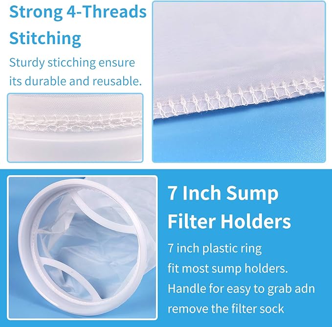 ZCONIEY Large Aquarium Filter Bags 7" Opening x 17" Long Nylon Filter Socks 75 Micron Felt Filtration 2Pack