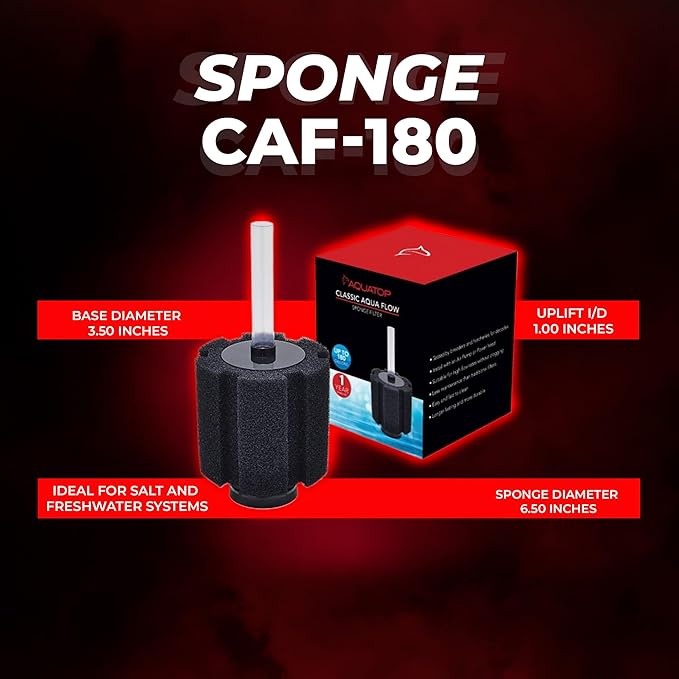 Aquatop Internal Sponge Filter – Up to 180 Gallons – CAF-180 – Includes Free Air Stone – Mechanical & Biological Filtration – High Flow Rates