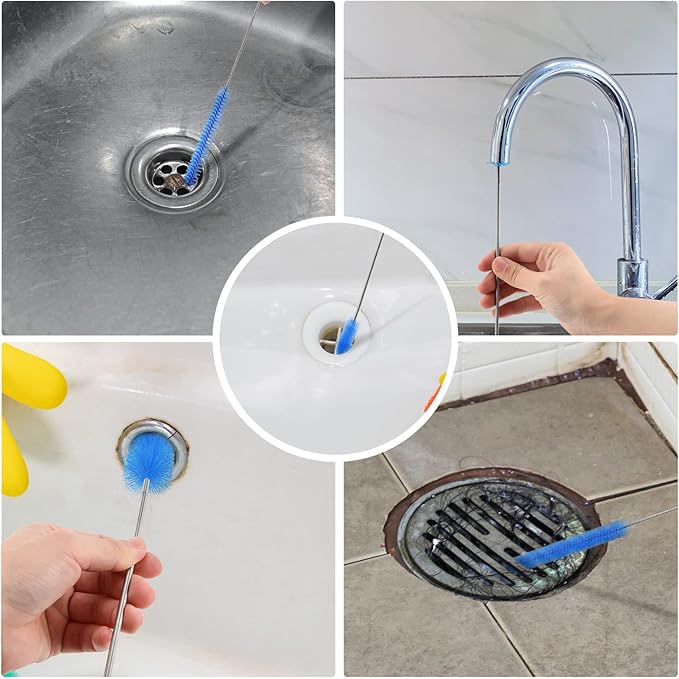 Flexible Drain Brush Cleaner Kit – 5ft Long Elastic Double Head Nylon Cleaning Brush + 3pcs 10inch Straw Brushes for Aquarium Water Filter Pipe Hose Air Tube Fish Tank Tub Sinks Glass Vase
