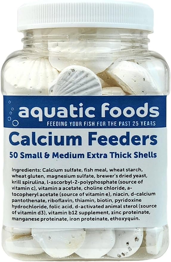 Calcium Feeder Small & Medium Shells. Extra Thick Shells for Shrimp, Snails, Crabs, Crayfish, Hermit Crabs and All Tropical Fish…50 Count Jar