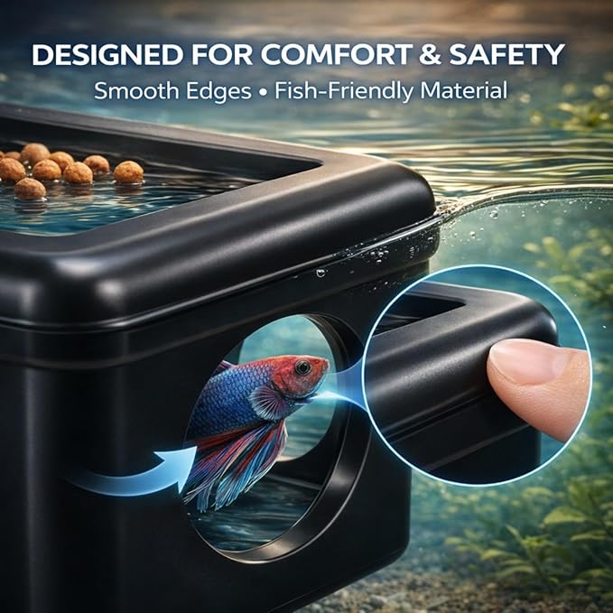 Black Floating Betta Fish Hideout with Round Holes & Window – Floating Cave Hammock, Feeding Platform & Resting Tunnel – Betta Fish Shelter for Nano Tanks, Bowls & Small Aquariums