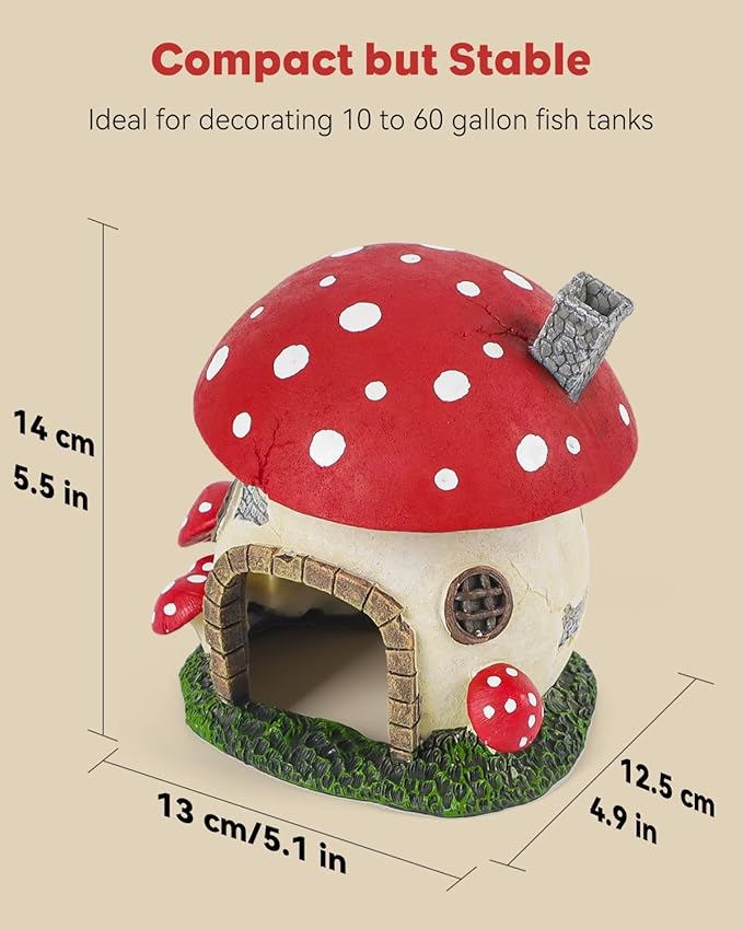 Uniclife Aquarium Mushroom House Fish Tank Decoration Resin Mushroom Cottage Ornament for Fish Tank Landscape Aquarium Hideout Hideaway Spawning Cave Decor for Shrimp Betta Goldfish and Reptiles
