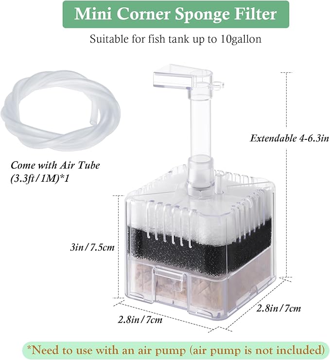 Mini Air-Powered Aquarium Sponge Filter, Corner Spong Filter for 1-10Gallon Fish Tank with Multi Filter Media, for Small Fish, Betta, Shrimp, Fry