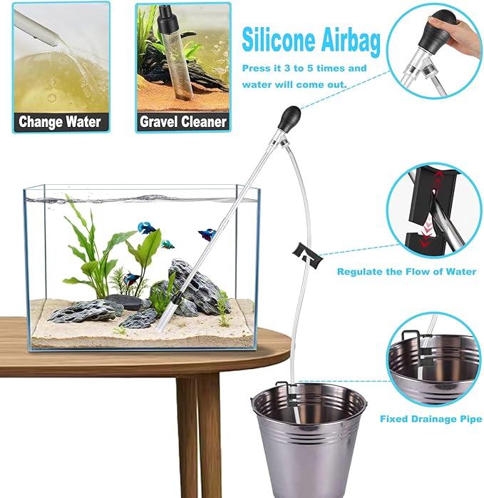 Carefree Fish Aquarium Gravel Cleaner 6Ft Hose Silicone Airbag Fish Tank Water Changer Gravel Vacuum Adjustable Length ABS(for 5~20Gal Tank)