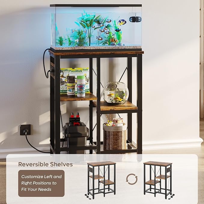 Bestier 10 Gallon Fish Tank Stand with Power Outlet, 20.3x10.6 Metal Aquarium Stand with Filter Storage, 6-Leg Reptile Tank Stand with 3-Tier Adjustable Storage Shelves, 264LBS Capacity，Rustic Brown