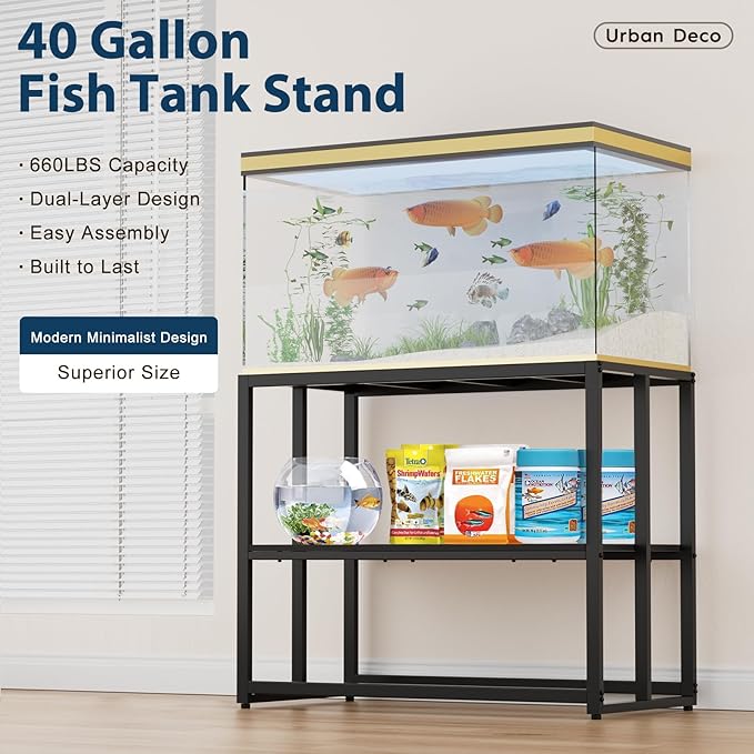 Urban Deco 40 Gallon Fish Tank Stand 660LBS Capacity For Aquarium Stand Metal Fish Tank Stand 36.6"x18.5"x30" Dual-Layer Design Terrarium Stand Ideal for Home and Office, Black